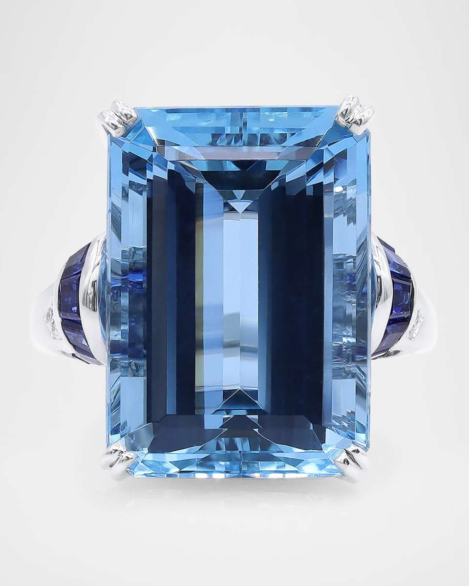 Platinum Diamond, Aquamarine and Blue Sapphire Statement Ring, Size 6.5